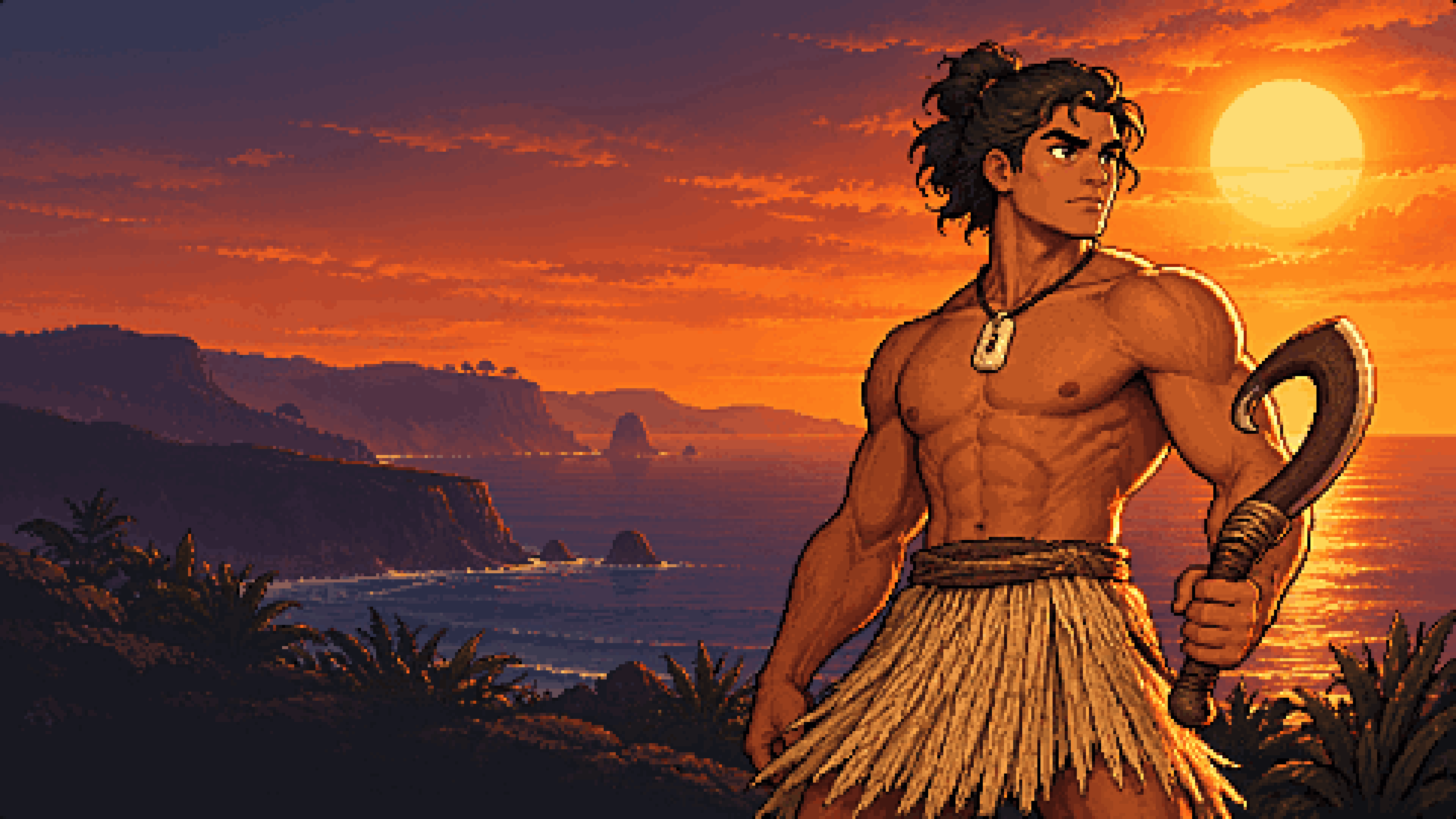 Māui at sunset on a coastal cliff, holding a carved hook